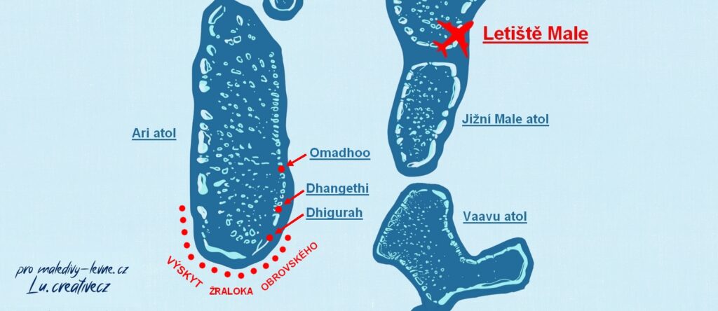 mapa výskytu žraloka obrovského na Maledivách