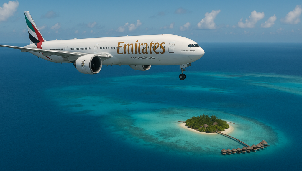 Letadlo společnosti Emirates letí nad resortem na Maledivách